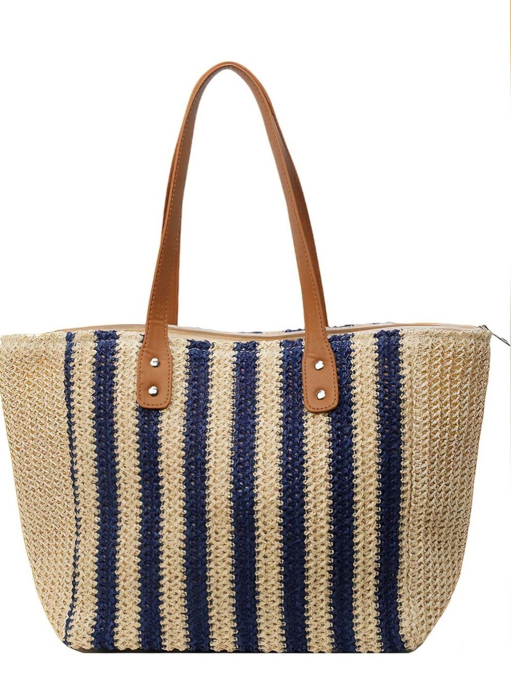 Woven Straw Tote Bag with Navy Stripes